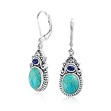 South Western Style Multi Stones Stabilized Turquoise Oval Lapis Lever back Dangle Earrings For Women .925 Sterling Silver