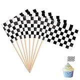 BLMHTWO Pack of 96 Cupcake Toppers, Cars Cake Decorations, Checked Flag Toothpicks, Black and White Cupcake Toppers for Pastries, Snacks, Cocktails