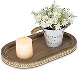 Hanobe Decorative Serving Tray Vintage: Beaded Coffee Table Tray Rustic Wood Centerpiece Decor Farmhouse Kitchen Counter Home Organizer Oval