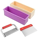 ZOENHOU 3 PCS Silicone Soap Molds Kit, 42oz Silicone Soap Moulds with Wooden Box, Rectangle Soap Loaf Mould with Stainless Steel Wavy and Straight Soap Cutter