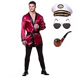 Hollywood Batchelor Costume + Captains Hat + Aviator Glasses + Pipe : Adult Men Smoking Jacket Robe Fancy Dress (One Size)