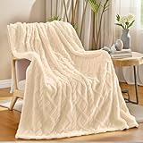 Homcomodar Throw Blankets 130x150cm Beige Throws for Sofas Fleece Blanket Cream Throws Warm Cozy Fluffy Blanket Striped Jacquard Throw Blanket for Couch
