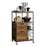 SoBuy Industrial Kitchen Trolley with Drawers and Shelves Wooden Storage Cart with Wheels, Sideboard Cabinet, Tea Trolley, Rolling Kitchen Island for Small Spaces Vintage Brown 89x53x37cm FKW111-PF