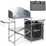 COSTWAY Folding Aluminum Camping Table, Kitchen Work Table with 2 Side Tabletops, Hooks and Carrying Bag, Indoor Outdoor Lightweight BBQ Catering Picnic Table (with Windshield, Cabinet, Grey)