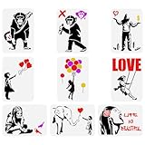 FINGERINSPIRE 9 pcs Banksy Painting Stencil 21x29.7cm Reusable Banksy Girl Boy Chimpanzee Pattern Drawing Template Life is Beautiful Decoration Stencil for Painting on Wood Wall Fabric Furniture