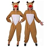 Adults Reindeer Costume - Small - Fleece Jumpsuit With Attached Reindeer Hood - Xmas Outfit Rudolph Santa's Helper Rudolph Reindeer Christmas Fancy Dress Onesie
