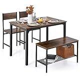 TANGZON Dining Table and 2 Chairs with Bench, 4 Piece Metal Frame Kitchen Table and Chairs Set with Storage Rack, Wooden Dining Room Sets Furniture for Home Living Room Restaurant (Rustic Brown)