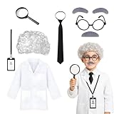 SGFNXB Mad Scientist Costume Kids, Scientist Costume Kids, 7 Pcs Dress Up Costumes Clothes Wig Tie Beard Glasses Tag Magnifying and Glass, Lab Coat for Science Week Dress Up Cosplay Party (L)