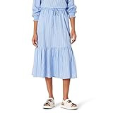 Amazon Essentials Women's Mid-Rise A-line Cotton Sateen Tiered Midi Skirt (Top Sold Separately), Blue White Stripes, L
