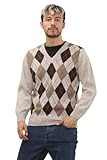 Stylo Online Mens Classic Argyle Knitted Jumper V-Neck Retro Sweater Warm Winter Pullover Lightweight Acrylic Knit Golf Casual Party Travel Knitwear Beige M