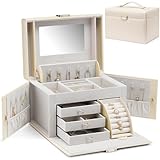 Vlando Large Jewellery Box for Women, High-End PU Leather Mirror Jewellery Boxes with 3 Drawers Jewelry Storage, Earrings, Rings, Necklaces, Bracelets, Brooches, Watches Organiser