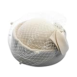 FEESHOW Womens Elegant Pillbox Fascinator Hat with Mesh Net Veil 1940's 1950's Vintage Felt Pillbox Derby Hat Tea Party Hat Beige One Size