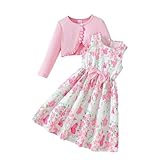 M9ppzzur7 Kids Girl Clothes Dress Set Floral Butterfly Print Bows Sleeveless Dress Sundress with Long Sleeve Cardigan (Pink, 5-6 Years)