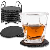 BOENFU Slate Coasters Set of 6 Black Coasters with Holder 10cm Coaster Set for Home, Office, Kitchen Apartment, Round, Non-Slip Base