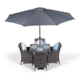 Savannah Rattan Dining Set | Luxury Square 4 Seater Grey Rattan Dining Set | Outdoor Poly Rattan Garden Table & Chairs Set | Wicker Garden Dining Set with Parasol & Cover