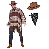 Western Cowboy Poncho + Gunslinger Hat + Black Bandana : Adult Wild West Drifter Gunman Mens Fancy Dress Costume