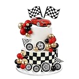 Blumomon 42Pcs Red Racing Birthday Cake Toppers Ball Cake Topper Grid Flag Tire Birthday Cake Decoration Baby Shower Party Racing Theme Decoration Supplies
