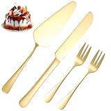 WZHHDM Cake Knife and Server Set, 4pcs Wedding Cake Knife and Server Set, Gold and Cake Cutting Gold Include Stainless Steel Cake Cutter for Wedding Christmas