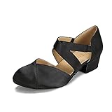 YYTing Women Swing Latin Ballroom Dance Shoes (Closed Toe, Suede Sole, Elastic Closure) 1.5 inch Heel YT26, Black, 6 UK