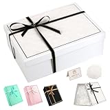 White Gift Box with Lids Large Gift Boxes for Presents Textured, Foldable Present Container with Card, Shredded Paper, Ribbon 25x18x8.8cm Empty Boxes for Valentine's Day Birthdays, Weddings