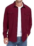 QIXING Men's Corduroy Button Down Shirts Long Sleeve Shacket Trucker Jacket Autumn Winter Coats with Flap Pockets (Wine Red, L)