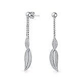 Boho South Western Native American Indian Style Long Linear Chain Feather Leaf Dangling Earrings Western Jewelry For Women Teens .925 Sterling Silver