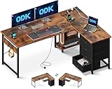 ODK Corner Desk with Drawers, Reversible L Shaped Computer Desk with Power Outlet, Office Desks with USB Charging Port and Host Stand for Home Office Vintage Brown, 135×100cm