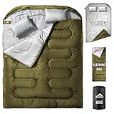 MEREZA Double Sleeping Bag for Adults Mens with Pillow, XL Queen Size Two Person Sleeping Bag for All Season Camping Hiking Backpacking 2 Person Sleeping Bags for Cold Weather & Warm