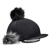 Stretch Fit Hat Silk – Black Riding Cover with 2 Interchangeable Faux Fur Pom Poms, Peaked Design, Elasticated Hem, Subtle Logo – One Size Fits Most