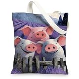 Cute Animal Canvas Tote Bags, Adorable Pig Design Reusable Shopping Bags, Fanciful Farmhouse Style Lightweight Washable Can, Multi-color, 13x15 Inch