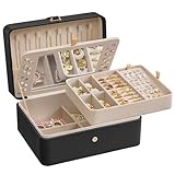 SONGMICS Jewellery Box Organiser with Mirror, 2-Layer Jewellery Storage Case, Removable Tray, 17.6 x 22 x 11 cm, Earring Necklace Storage, Gift Idea, Ink Black JBC200B01