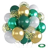 Green White Gold Balloons, 12 Inch Dark Green Metallic Chrome Green Gold Confetti White Latex Balloons, 35pcs Green Gold Party Balloons Decoration for Jungle Safari Dinosaur Birthday Party Baby Shower