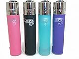4 x Clipper Soft Touch Lighters Gas Refillable Flint Lighter - Genuine Clipper Original (Pink, Black, Turquoise, Purple)