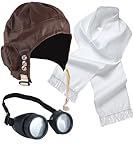 Mega_Jumble Adult 1940s Pilot Granddad Grandpa Excape Biggles Aviator Flying Man WW2 Fancy Dress Costume Set | Biggles Pilot Hat, White Scarf and Goggles