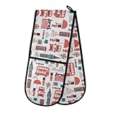 Double Oven Gloves Heat Resistant London Bus Big Ben Double Oven Mitts Pot Holder Heat Protection Oven Gloves for Home Kitchen Baking Cooking BBQ Microwave