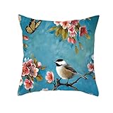 Isdreem Linen Couch Pillow Covers Cottage Cushion Corner Plum Blossom Bird Spring Outdoor For Rv Throw Blue 45x45cm