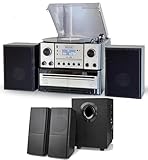 Boston+ Compatible with Steepletone Boston USB RECORDING Retro Music Centre, CD Player, Record Player, TWIN Cassette, Radio, Bluetooth, Remote, Stereo Speakers + DTL Amplified Sub-Woofer Speaker Set 1