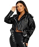 Lexi Fashion Women's Vegan Faux Leather Cropped Motorcycle Waist Belted Pocketed Lapel Collar Looped Zipped Oversized PU Biker Coat Jacket Black UK Size XS/6