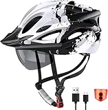 RaMokey Bike Helmet for Men and Women, Lightweight Cycle Helmet with LED Light Magnetic Goggle Sun Visor, Mountain & Road Bicycle Helmets for Adult Cycling Adjustable Size 57-62cm (White)