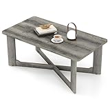 COSTWAY Rectangle Coffee Table, Solid Rubber Wood Cocktail Center Table Unit with X-Shaped Base, Farmhouse Rustic Accent Sofa Side Tea Tables for Living Room Office, Grey