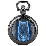 Tiong Black Patch Fashion Wolf Design Glass Cabochon Quartz Pocket Watch, Vintage Patch Quartz Pocket Watch Gift for Men
