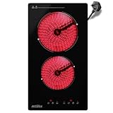 COVERCOOK Plug in Ceramic Hob 2 Zone, Built-in Electric Hob 30cm with Touch Control, Domino Portable Electric Ceramic Hob 2 Ring, 2900W, 9 Power Levels, Timer, Residual Heat Indicator, Black