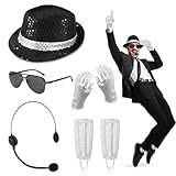 7PCS MJ Costume Accessories Adults, Disco Costume Set with Sequin Hat Head Microphone Sunglasses Sequin Gloves Silver Sock, 1980’s Dancer Rocker Star Fancy Dress Cosplay Halloween Party Dress Up Props