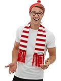 Smiffys Where's Wally Kit, Adults Red & White T-Shirt, Hat & Glasses, Instant Look with Iconic Bobble Hat, Perfect for a Themed Parties or World Book Day or Halloween