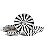 Christian Siriano Empire Porcelain Dinnerware, 12-Piece Plates and Bowls Set, Black and White Dish Set for 4, Gold Trim, Hand Wash Only