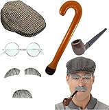 Mega_JumbleSale® Adult Grandad Old Man Fancy Dress Set Flat Cap Facial Hair Inflatable Cane Glasses Pipe Grandpa Costume Stag Hen Night Theme Party Fancy Dress Up