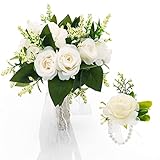 Gukasxi Bridal Bouquet and Wrist Flower, Artificial Rose Flower Wedding Bouquets, Romantic Wedding Bouquets For Bride Bridesmaid, Fake Faux Silk Rose Holding Flowers, Wedding Decoration Bouquets