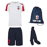 Personalised England Kids Football Kit Shirt, Short, Bag and Socks Best Birthday Gift for 9 to 11 Year Old Children Arctic White/Fire Red
