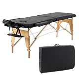 Panana 2 Sections Portable Massage Bed Wooden Legs Adjustable Height Folding Tattoo Table (Black)