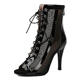 Ceciloroda Women Heeled Burju Dance Shoes Peep Toe Mesh Booties Stiletto Heels Gladiator Sandals Comfy Dressy Sandals Ballrrom Lace Up Black Size 39